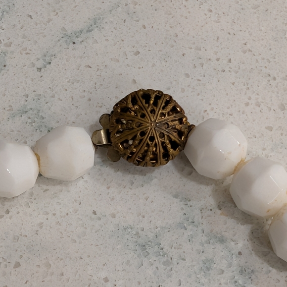 Vintage Milk Glass Necklace With Ornate Brass Clasp - Picture 6 of 8